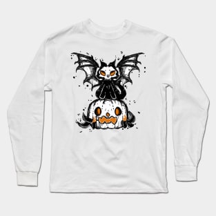 Halloween pumpkin and spooky cat vampire 2022 decoration ink drawing Long Sleeve T-Shirt